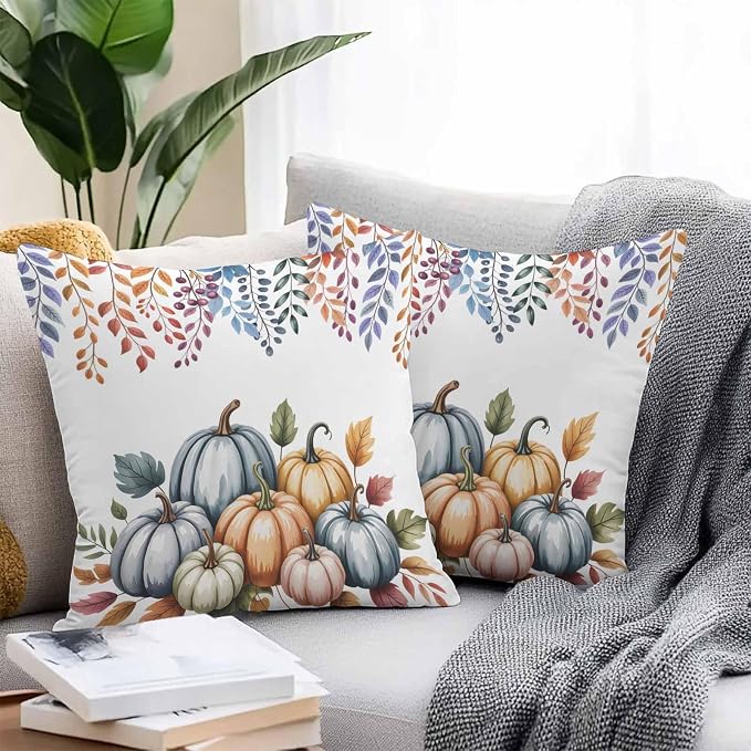 Orange Fall Pumpkins Outdoor Waterproof Pillow Covers, Eucalyptus Leaves Country Farmhouse Decorative Square Throw Pillowcase Sofa Cushion Sham for Patio/Couch/Chair, 24"x24" 2 Pack