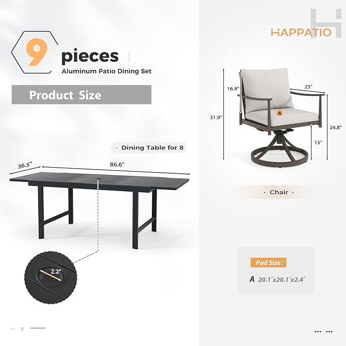 HAPPATIO 9-Piece Aluminum Patio Dining Set,Aluminum Outdoor Dining Set with Cushions,8 Swivel Chairs with Expandable Table with Umbrella Hole for Lawn, Garden, Backyard