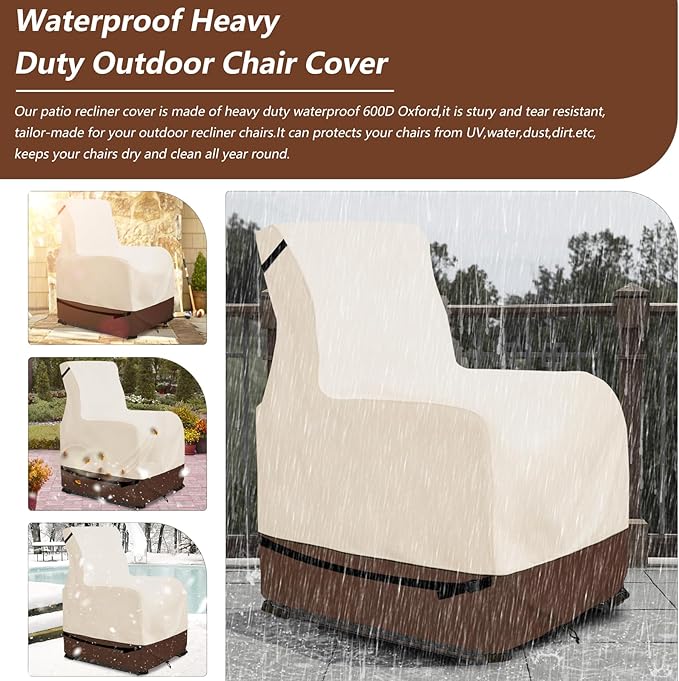 Outdoor Recliner Chair Covers,Patio Swivel Chair Covers,600D Heavy Duty Waterproof Patio Rocking Chairs Cover,Outdoor Furniture Covers for All Weather Protection.Beige & Brown