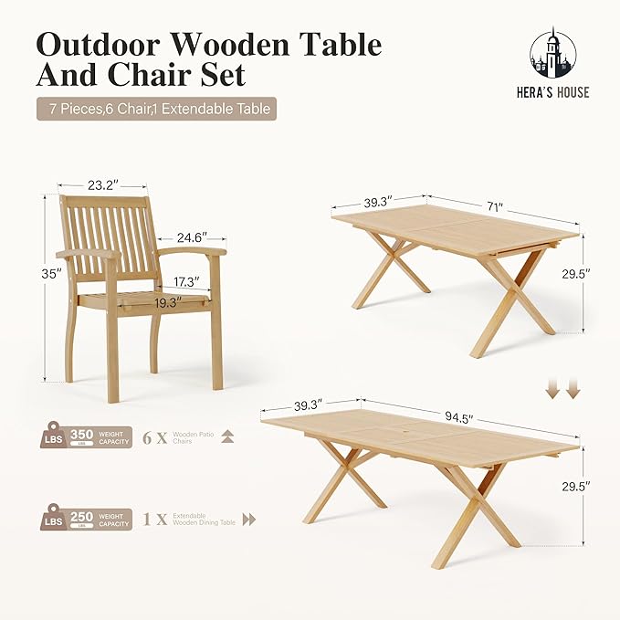 HERA'S HOUSE 7 Pieces Outdoor Dining Set, Expandable Wooden Patio Table Chairs, Acacia Wood Furniture with Rectangular Table for Backyard Garden Lawn Deck