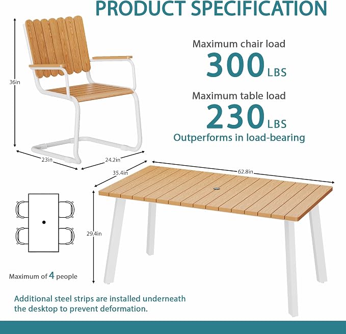5 Piece Outdoor Conversation Set for 4, HDPE Patio Seating Set with Table and Chairs, All-Weather Outdoor Lounge Furniture with Umbrella Hole for Garden, Porch, Poolside, White & Teak