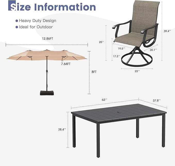 VICLLAX Patio Table and Chairs with Patio Umbrella, 6 Patio Swivel Chairs and Metal Patio Table with 15ft Wheat Outdoor Umbrella for Backyard, Mixed Brown Chairs & Black Tabletop