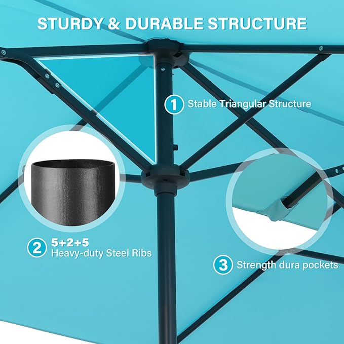 13 ft Patio Umbrella with Base, Large Rectangle Outdoor Umbrella with Matching Stand, Strap, Crank, Blue