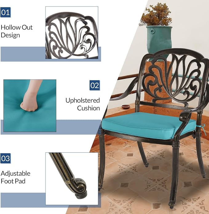 5-Piece Outdoor Patio Dining Set, All-Weather Cast Aluminum Patio Table Set, Include 4 Cushioned Chairs and a 35.4 inch Square Table w/Umbrella Hole for Balcony Garden Backyard, Ocean Blue