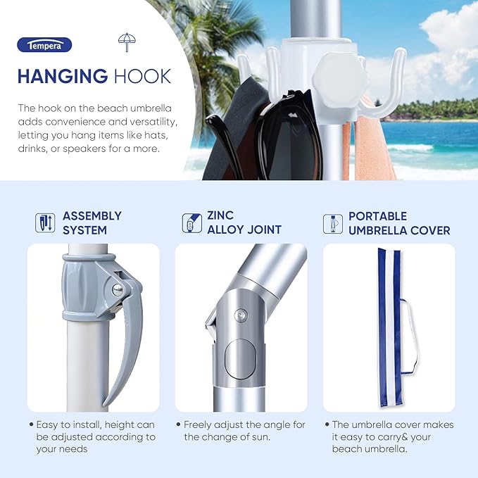 Tempera Heavy Duty High Wind Beach Umbrella with Sand Anchor & Carry Bag | Patio Outdoor Umbrella with Aluminum Frame and Push Button Tilt, Ideal for Travel Garden Lawn, UPF 60+
