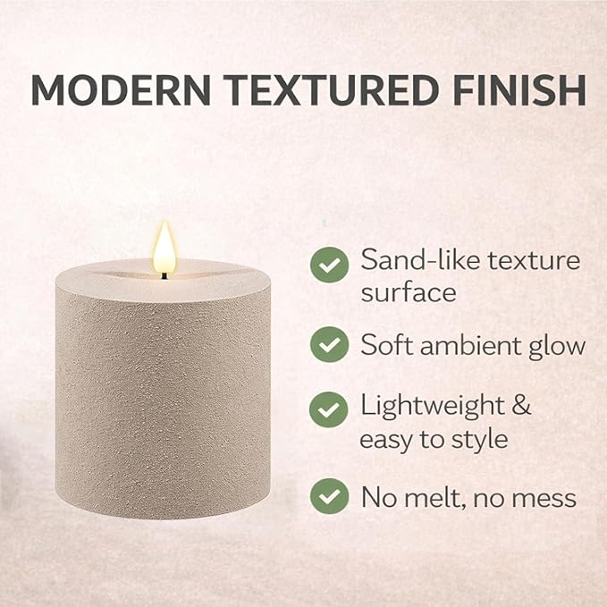 smtyle Grey 4x4 Inch Flameless Pillar Minimalist Textured Frosted Plastic Pottery Barn Style LED Flickering Battery Operated Candles with Remote for Home Decor, Relaxation, Meditation