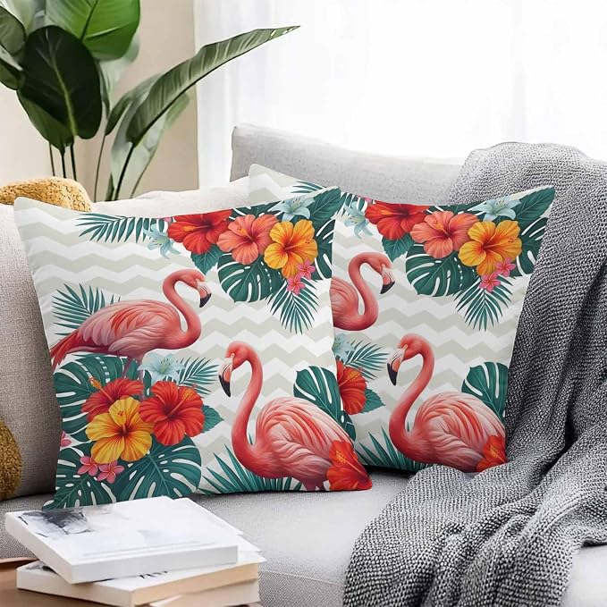Pink Flamingos Outdoor Pillow Covers 16"x16" Set of 2, Summer Red Hibiscus Flower Tropical Plant Wave Stripes Waterproof Throw Pillow Covers for Patio Furniture, Decorative Cushion Covers for Porch