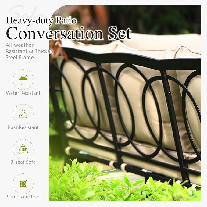 Sophia & William Metal Patio Furniture Set, 5 Seats Outdoor Conversation Set with 3-Seater Sofa, 2 Sofa Chairs, 1 Coffee Table for Seating Lawn Porch Backyard, Beige