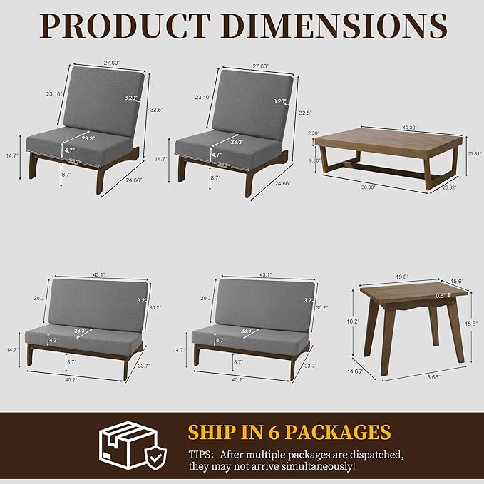UIXE 6 Pieces Wood Patio Furniture Sets, 2 Patio Loveseat, 2 Patio Bistro Chair, All Weather Outdoor Sectional Sofa Furniture Backyard Conversation Set with Coffee Table - Grey