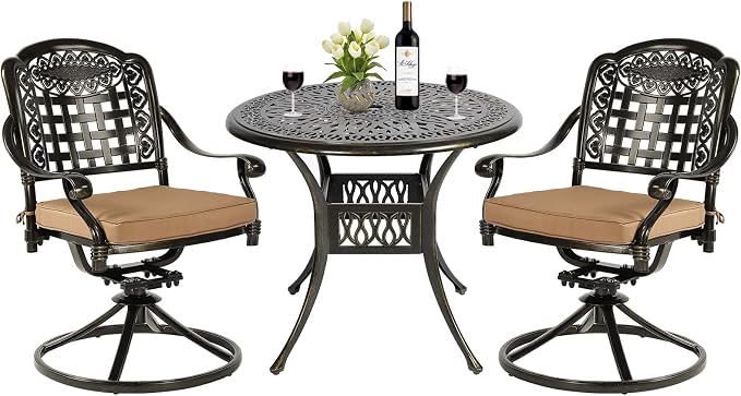 MEETWARM 3-Piece Outdoor Patio Dining Set, All-Weather Cast Aluminum Patio Conversation Set with 2 Cushions Swivel Rocker Chairs and 35.4" Round Table for Backyard Garden Deck, 2.2" Umbrella Hole