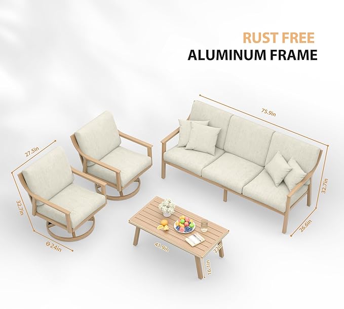 HAPPATIO 4-Piece Outdoor Patio Furniture Set for 5, Aluminum Outdoor Conversation Set Includes 1 Three-Seater Sofa, 2 Swivel Chairs, and 1 Coffee Table, Perfect for Porch, Deck, Garden, (Beige)