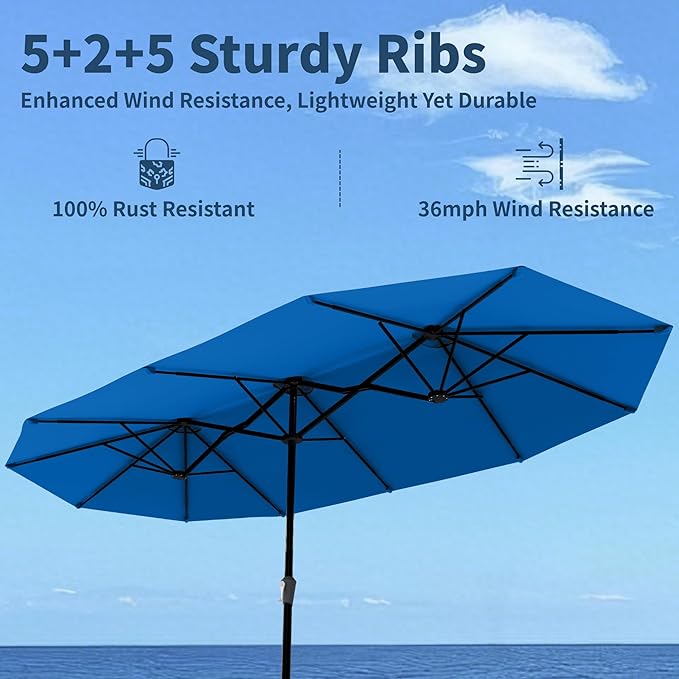 15FT Double Sided Patio Umbrella with Base Included Large Outdoor Market Umbrella with Crank Handle, UV Resistant Canopy, Sturdy Frame for Garden, Poolside, Deck, Royal Blue