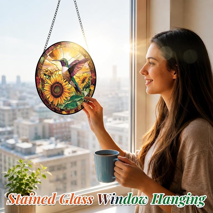 Stained Glass Hummingbird Suncatcher Window Hanging Flowers Gifts for Mom | 6.3in Garden Sun Catcher, Sunflowers Sunrise Ornament for Door Home, Gift for Bird Lovers Grandma & Mother's Day Christmas