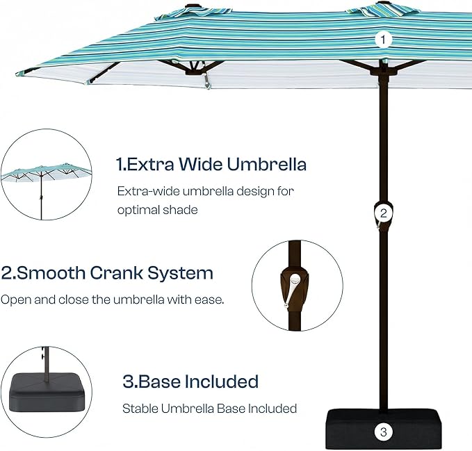 15FT Patio Umbrella with Solar Lights, Double-Sided Extra Large Outdoor Table Umbrella with Base Included, Heavy-Duty 12 Iron Ribs Market Umbrella for Garden, Pool, Backyard, Green Stripes