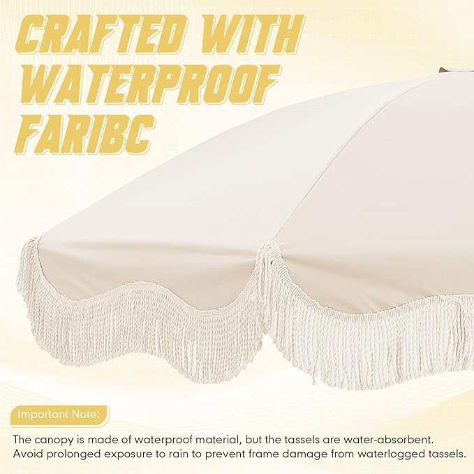 6.5ft Patio Umbrella with Fringe, UPF 50+ UV Boho Outdoor Beach Umbrella with Carry Bag, UV Protection Sun Shade with Tassels for Garden, Deck, Backyard, Poolside Decor