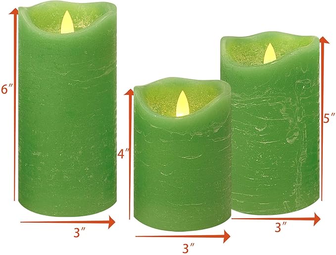 CANDLE CHOICE Battery Operated Flameless Candles with Remote Timer Real Wax Realistic Bright Flickering Electric LED Pillars Lights Wedding Party Christmas Decorations Set of 3 Rustic Texture Green
