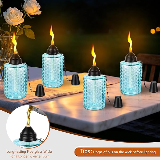 KintKita Table Torches for Outside Citronella 4 Pack, 12oz Table Torch Canister Outdoor Lighting, Refillable Torches for Yard,Patio & Backyard Parties Décor (Blue)