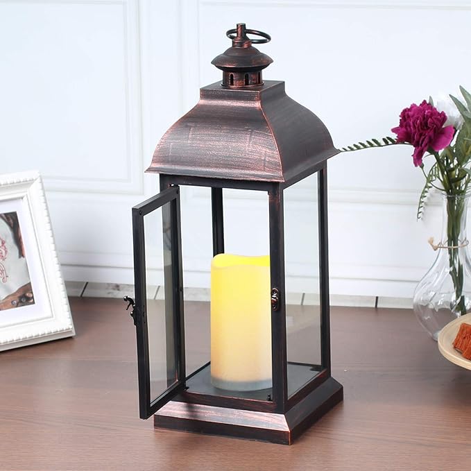 Decorative Lantern with flameless LED Candle Light, Outdoor/Indoor LED Lantern, The Door-Open H16 Decorative Lantern,Timer Candle，Plastic with Bronze Undertones.USE 2C Battery(not Include)