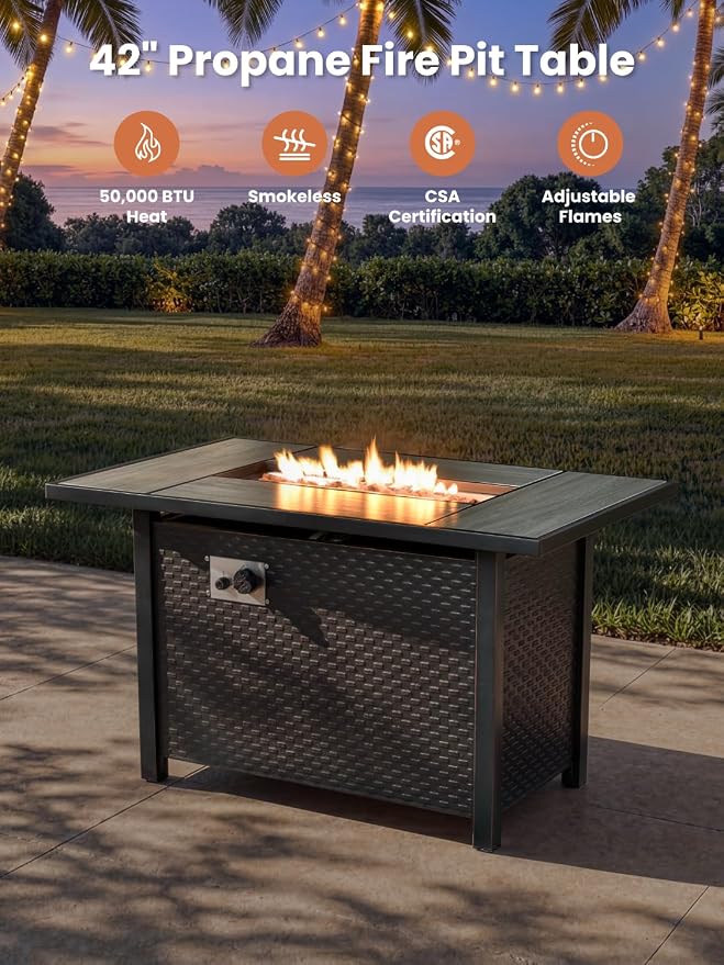 ovios 11 Piece Outdoor Patio Furniture Set with Fire Pit Table,Conversation Sectional Wicker Couch with Swivel Chairs,Modern Outside Sofa for Balcony Backyard, Grey