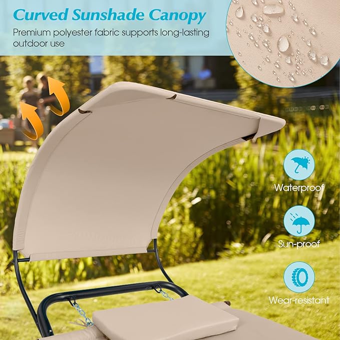 Giantex Hanging Hammock with Stand, Patio Hanging Chaise Lounge Chair w/Canopy, Cushion, Pillow & Storage Bag, Heavy Duty Swing Hammock Bed for Garden Lawn Backyard Patio Poolside Porch (Beige)