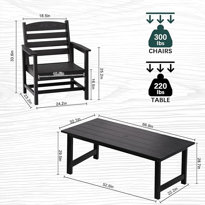 TenKa 7 Piece HDPE Patio Furniture Set for 6, Dining Table and Chairs, Outdoor Table with Umbrella Hole, Outdoor Dining Set for Garden, Backyard, Lawn, and Poolside