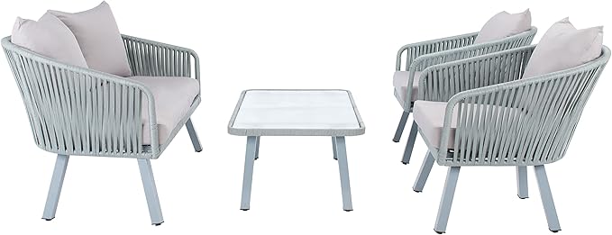 Safavieh Outdoor Collection Jorda Wicker Cushion 4-Piece Rope Patio Backyard Living Set PAT7518C, Grey/Grey