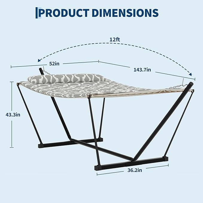Heavy Duty 2 Person Double Hammock with Portable Adjustable Steel Stand, Outdoor Hammock with Pillow for Patio, Garden, Beach, Backyard Camping