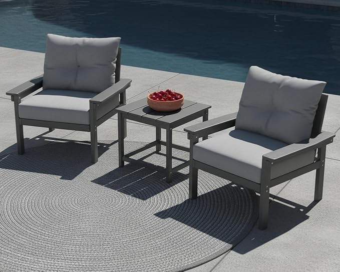 3 Piece HDPE Outdoor Patio Furniture Set, All-Weather 2 Armchairs with Side Table, Patio Conversation Set with Washable Thick Cushion for Balcony/Porch/Backyard, Grey