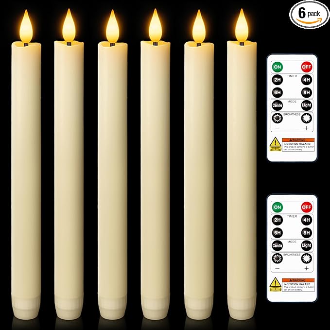 Homemory 6 Pcs Wax Flameless Taper Candles with Remote Timer and Dimmer, LED Candle Sticks with Flickering Light, Ivory Battery Operated Window Candles, 9.6 Inches for Wedding Home Indoor Decoration
