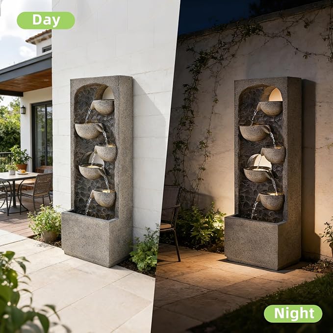 5-Tiers Indoor/Outdoor Bowls Water Fountain with LED Lights & Pump - 40in H Floor-Standing Cascading Water Feature - Suitable for Deck, Patio, Porch, Yard Decor,Home Decor,