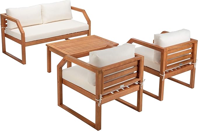 SAFAVIEH Outdoor DREN Natural Brown 4-Piece Set - Beige Seat Cushions Included