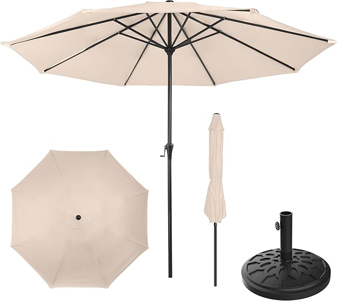 9FT Round Patio Umbrella with 19lb Weighted Base - Easy Crank, Vented Canopy Outdoor Umbrella for Shade - For Deck, Balcony, Porch, Backyard, or Pool by Pure Garden (Champagne)