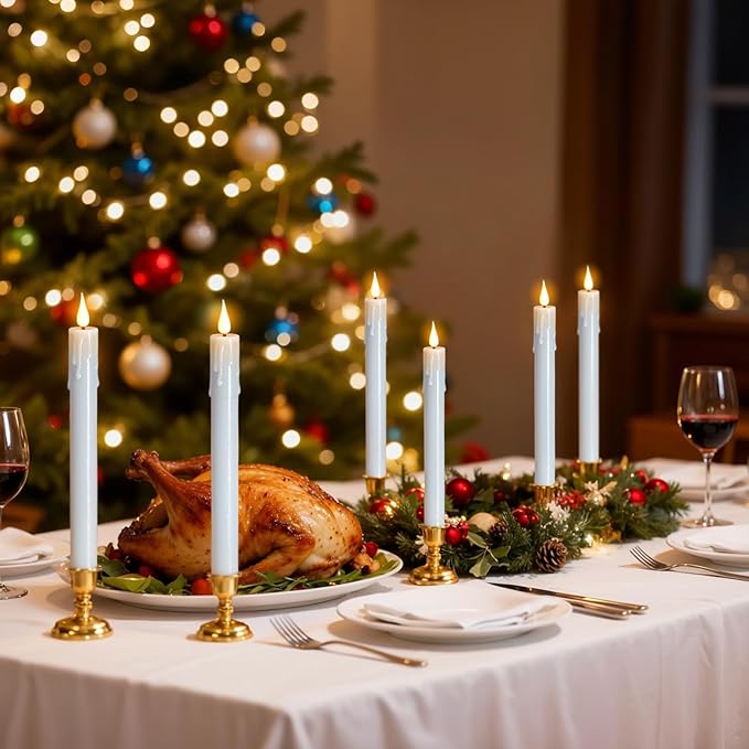 DRomance Christmas Flameless Window Taper Candles Battery Operated with Remote and Timer, 6 Pack White Plastic Dripping LED Flickering Candles with Suction Cups Holiday Indoor Decor(Gold Holders)