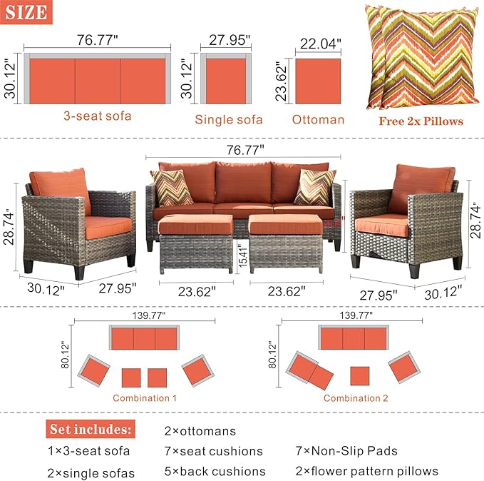HOOOWOOO 5-Piece Luxury Patio Furniture Set– Stylish, Comfortable Outdoor Rattan Sofa Set with 2 Chairs, 2 Ottoamns, Weather-Resistant Patio Conversation Set for Deck, Garden, Balcony (Orange Red)