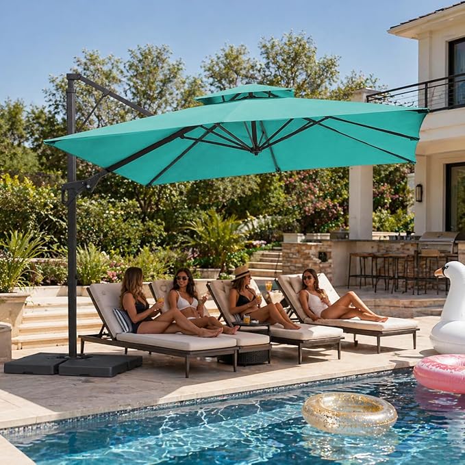 JEAREY 10ft 2-Tier Cantilever Patio Umbrella, Large Square Outdoor Offset Umbrella with Double Top Vent and 360-degree Rotation for Garden, Deck, Pool, Patio, Peacock Blue