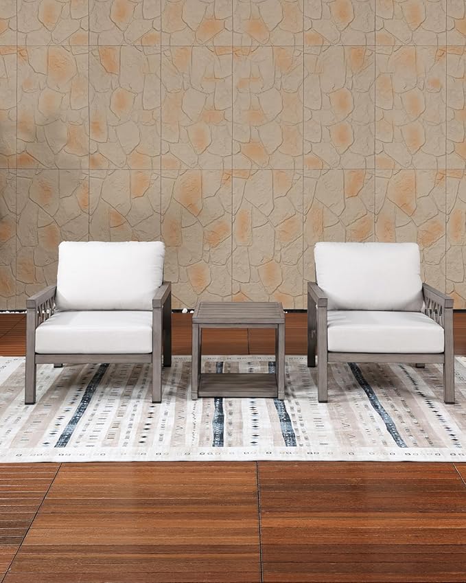 3-Piece Aluminum Patio Furniture Set, Deep Seating 2 Armchairs and Side Table, All Weather Patio Bistro Set with Cushions, Patio Conversation Set for Garden, Balcony, Deck, Limed Oak