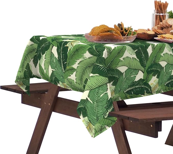 DYTXIII Outdoor Rectangle Tablecloth with Umbrella Hole and Zipper 84" x 60", Water Repellent Floral Picnic Cover, Fade & Wrinkle Resistant Tablecloth for Patio/Garden/Party Table, Palms Green