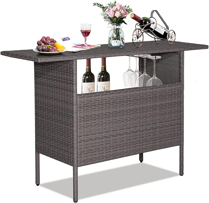 Giantex Outdoor Patio Wicker Bar Table, 2 Storage Shelves, 55''W Tabletop, Rails for Hanging Wine Glasses, Heavy-Duty Metal Frame, Bistro Rattan Bar Counter Table for Poolside Backyard (Mix Gray)