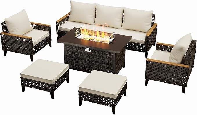 8 Piece Patio Sectional Sofa Set with 50000 BTU Fire Pit Table, All-Weather Wicker Rattan Outdoor Conversation Set, High Back, for Garden, Porch, Poolside, Beige