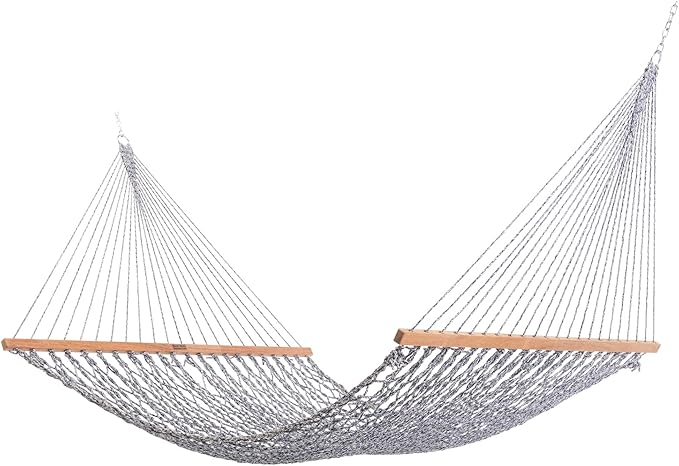 Nags Head Hammocks Navy Oatmeal Extra-Wide DURACORD Rope Hammock – 13 ft. x 60 in., 2-Person, 450 lb Capacity, Cumaru Spreader Bar, Free Chains & Tree Hooks, Handcrafted in The USA
