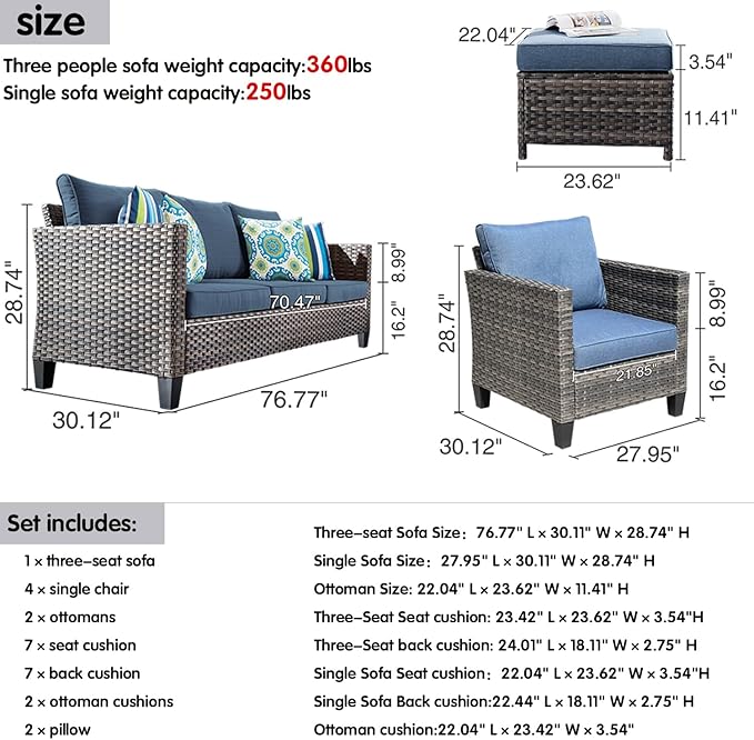 HOOOWOOO 7-Piece Patio Furniture Set–Stylish,Comfortable Outdoor Rattan Sofa Set with 4 Chairs,2 Ottoamns,Weather-Resistant Patio Conversation Set for Deck,Garden,Balcony (Denim Blue)