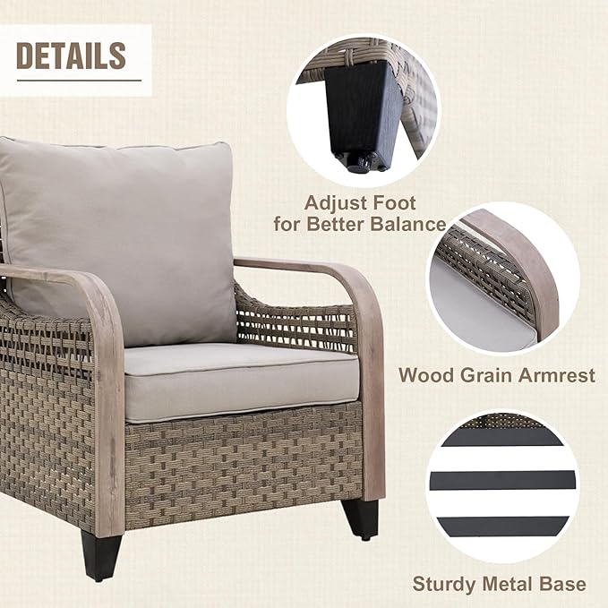 Modern Wicker Patio Furniture Set, Rattan Outdoor Conversation Set with Comfortable Cushions, 2 Patio Chairs, 3 Seat Couch and 2 Ottomans, 5 Pieces, Brown/Gray