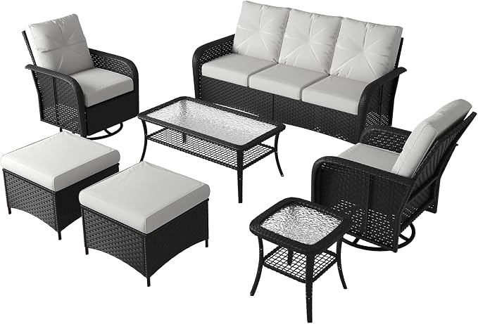 LazySunsets 9 Piece Outdoor Patio Furniture Set with Coffee Table, Wicker Rattan Outdoor Furniture with High Back Swivel Rocker Chairs, Outdoor Conversation Sets with Thick Cushions & Ottoman, Beige