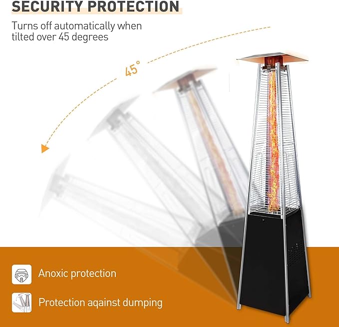 【48,000 BTU Pyramid Patio Heater】Outdoor Propane Heater with Wheels & Cover, 360° Heating for Terrace Garden Poolside, Commercial Residential Use, Stainless Steel Glass Tube Design (Black+Silver)