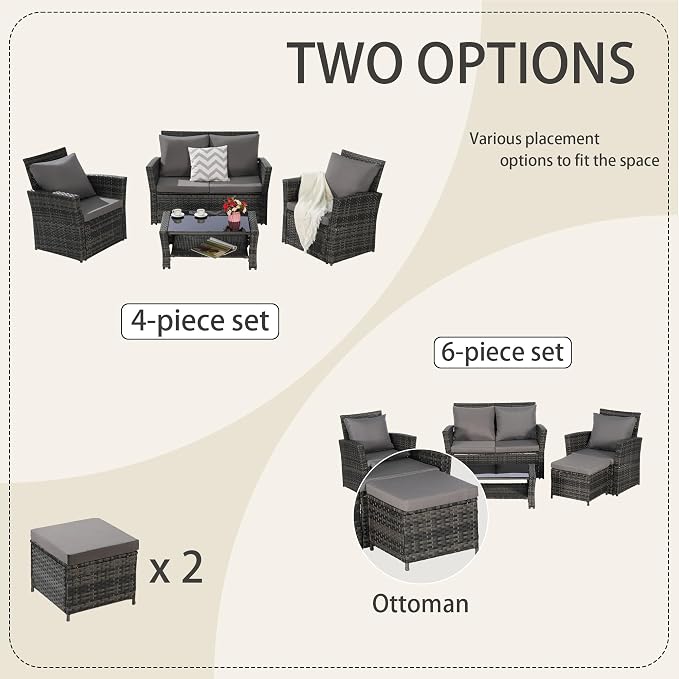 Patio Furniture Set 4 Pieces of Outdoor Furniture, Wicker Conversation Sectional Sofa Set Patio Table and Chairs with Cushion and Glass Table for Patio Backyard Lawn