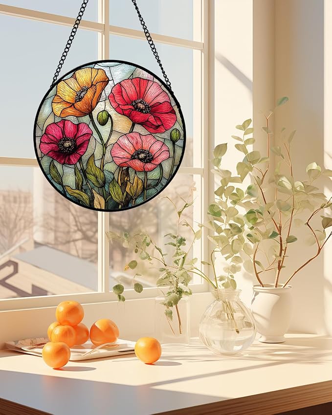 Stained Glass Suncatcher, Red Orange Poppy Flowers Sun Catcher Silver Background Wildflowers Window Hanging Decor Christmas Mother Birthday Gifts for Women Men Mom Nana 9.8 in