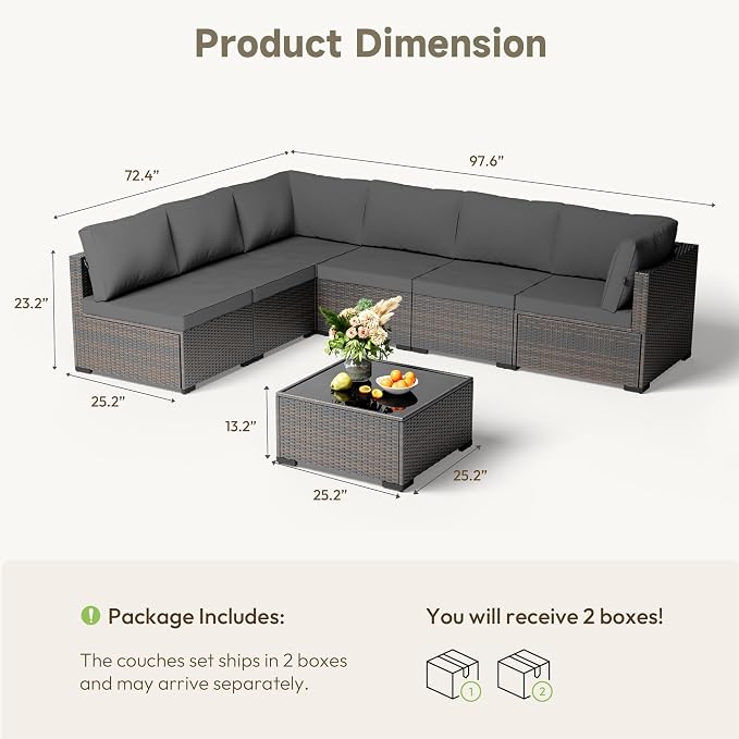 Patio Furniture Set - All-Weather - 7 Piece Patio Outdoor Conversation Set, Modular Wicker Rattan Sectional Sofa for Backyard, Garden, Poolside, Balcony, Porch, Patio, Brown/Dark Gray