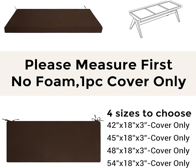 FUNHOME Outdoor Bench Cushion Cover 42 x18 x 3 inch,Water Resistant Cover with Zipper&Ties,Fade-Resistant Slipcover,Patio Porch Swing Cushion Cover Replacement Only,No Insert(Chocolate Brown)