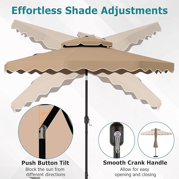 Happygrill 9 FT Patio Umbrella, Scalloped Outdoor Table Market Umbrella with Push Button Tilt & Crank, 2-Tier Vented Top, Heavy-Duty 8 Metal Ribs, Sun-Protective Canopy, Ruffle for Deck Pool Garden (Brown)
