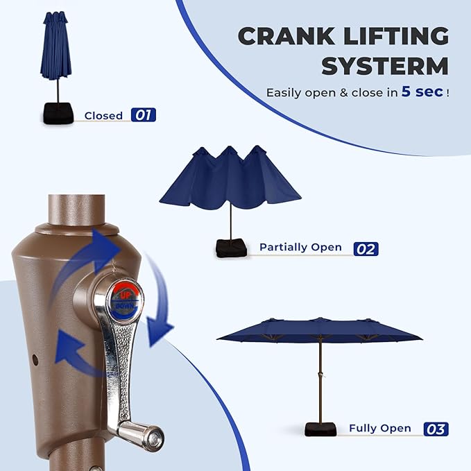 BRIOPAWS 15-FT-Large-Patio-Umbrella-with-Base | Double-Sided | Outdoor Table Umbrellas | w/Crank Handle | 12 Sturdy Fiberglass Rib | UV-Protection | for Garden Deck Backyard Pool | Navy Blue
